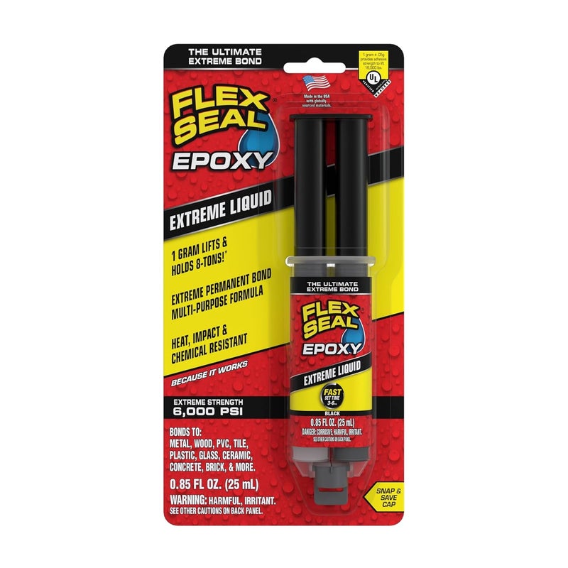 Flex Seal إيبوكسي، سائل شديد، متعدد الاستخدامات، متين، دائم، محكم، رابطة تدوم طويلاً، للإصلاحات في السيارات، البحرية، السباكة، المنزل، والأدوات، يجف باللون الأسود، 0.85 أونصة (25 مل) حقنة - Image 1